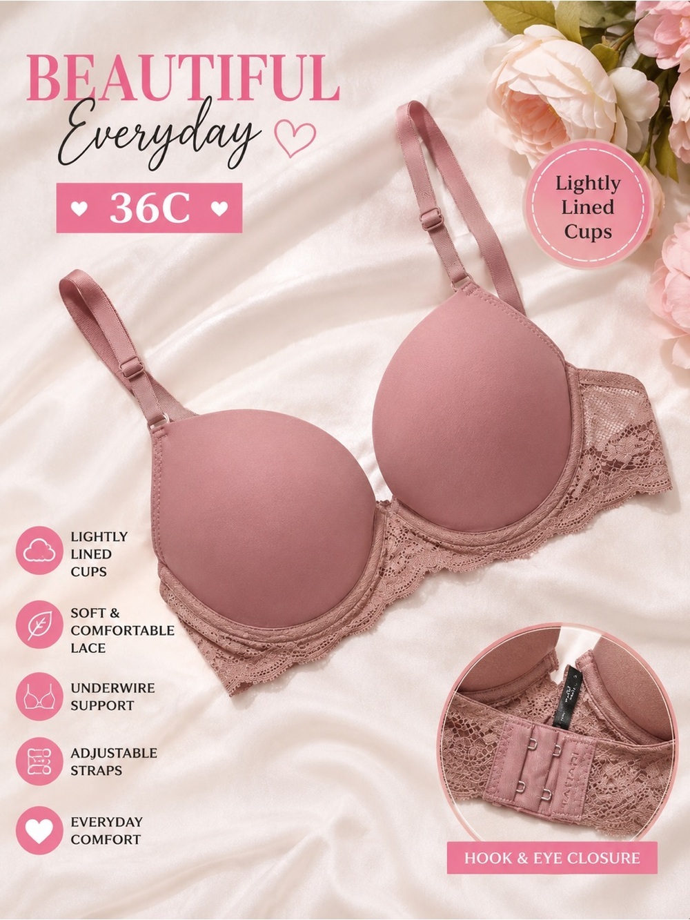 Plunge Lace-Trim Push-Up Bra - Dusty Rose 36C